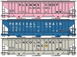 Accurail Pullman-Standard 4750 3-Bay Covered Hopper 3-Pack Kit One Each- Klemme Co-Op, Percival Grain, Lincoln Grain Accurail Pullman-Standard 4750 3-Bay Covered Hopper 3-Pack Kit One Each- Klemme Co-Op, Percival Grain, Lincoln Grain