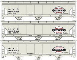 Accurail 47' ACF 3-Bay Center Flow Covered Hopper 3-Pack Kit New York Central 886265, 886294, 886307 (gray, Large Logo) Accurail 47' ACF 3-Bay Center Flow Covered Hopper 3-Pack Kit New York Central 886265, 886294, 886307 (gray, Large Logo)
