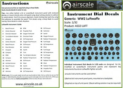 Airscale WWII Luftwaffe Instrument Dials (Decal) Plastic Model Aircraft Acc. Kit 1/32 Scale #3202