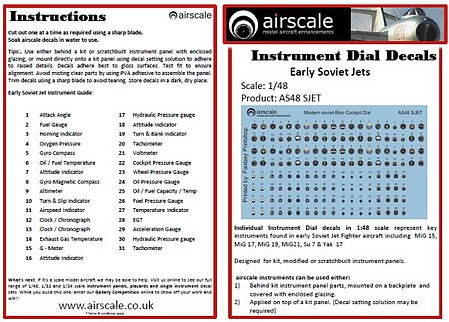 Airscale Early Soviet Jets Instrument Dials (Decal) Plastic Model Aircraft Acc. Kit 1/48 Scale #4806