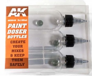 AK Paint Doser 100ml Bottles w/Stainless Steel Shaker Ball (3) Hobby and Model Paint Supply #9048