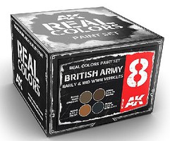 AK Real Colors- British Army Early 6 & Mid WWII Vehicles Acrylic Lacquer Paint Set (4) 10ml Bottles AK Real Colors- British Army Early 6 & Mid WWII Vehicles Acrylic Lacquer Paint Set (4) 10ml Bottles
