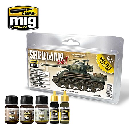 Ammo Fury Sherman Tank Color Set (5) Hobby and Plastic Model Paint Set #7427