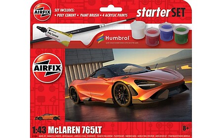 Airfix McLaren 765LT Small Starter Set with paint & glue Plastic Model Car Kit 1/48 Scale #55006