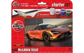 Airfix McLaren 765LT Small Starter Set with paint & glue Plastic Model Car Kit 1/48 Scale #55006