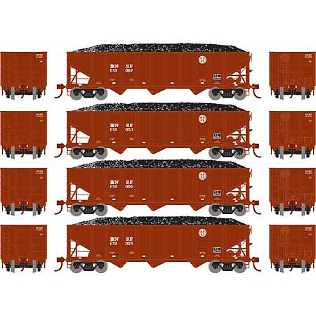 Athearn RTR 40 3-Bay Ribbed Hopper with load BNSF #1 (4) HO Scale Model Train Freight Car Set #15157
