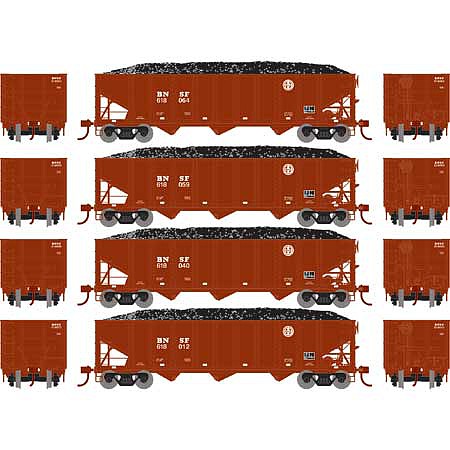 Athearn RTR 40 3-Bay Ribbed Hopper with load BNSF #2 (4) HO Scale Model Train Freight Car Set #15158