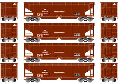 Athearn RTR 40 Offset Ballast Hopper With Load BN #2 (4) HO Scale Model Train Freight Car Set #7084