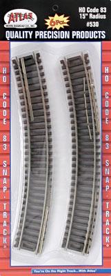 Atlas Code 83 Curved Sections - 15 Radius pkg(6) HO Scale Nickel Silver Model Train Track #530