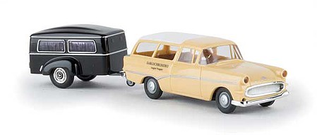 Berkina 1957-1960 Opel Rekord P1 Caravan Station Wagon with Hearse Trailer - Assembled Ivory with Black Trailer