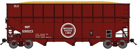 Bluford Offset-Side 3-Bay Wood Chip Hopper, Ribbed-Side Extensions 2-Pack - Ready t Missouri Pacific (Post-1974, Boxcar Red, Large Buzz Saw Logo) - N-Scale