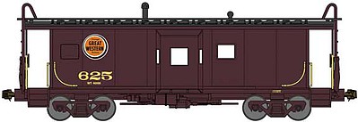 Bluford International Car Bay Window Caboose Phase 2 - Ready to Run Chicago Great Western 625 (maroon, red, yellow, Lucky Strike Logo) - N-Scale