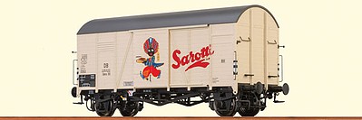 Brawa DB Type Gmrs 30 Oppeln Wood Boxcar - Ready to Run Sarotti #225 522 (Era III, beige, silver, red) - O-Scale