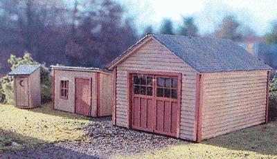 Branchline Garden Shed, 1-Stall Garage, & Outhouse Laser-Art Kit HO Scale Model Railroad Building #635