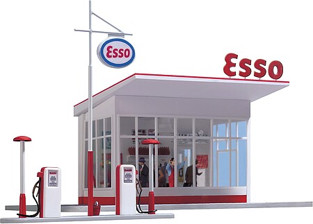 Busch 1950s ESSO Gas Station - Kit HO Scale Model Railroad Building #1005