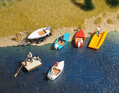 Busch Boat/Raft Set w/Trailer - Kit - 4 Boats, 1 Raft HO Scale Model Railroad Vehicle #1157