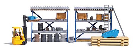 Busch Forklift Miniature Scene Forklift and Driver, 2 Storage Racks, Steel Drums, Crates, Pallets and More