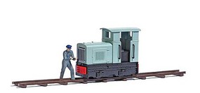 Busch Narrow Gauge Industrial Locomotive and Engineer Miniature Scene Unpowered Gmeinder 15/18 Diesel, engineer Figure, Track Section