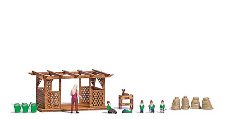 Busch Garden Miniature Scene Woman Gardener, 5 Gnomes, Real-Wood Pergola Kit, Garden Accessories