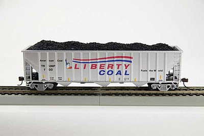 Con-Cor Greenville 100-Ton 15-Panel 3-Bay Hopper w/Coal Load & Track - Ready to Run Trump Liberty Coal (silver, red, blue, 100 Days in Office Commemorative)