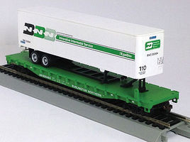 Con-Cor 54' Flatcar with Trailer Burlington Northern HO Scale Model Train Freight Car #9425 Con-Cor 54' Flatcar with Trailer Burlington Northern HO Scale Model Train Freight Car #9425