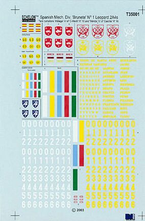 Echelon Spanish Mechanized Div Brunete No.1 Leopard 2A4 MBT Plastic Model Tank Decal 1/35 #35001 Echelon Spanish Mechanized Div Brunete No.1 Leopard 2A4 MBT Plastic Model Tank Decal 1/35 #35001