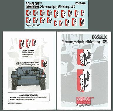Echelon Sturmgeschutz Abteilung 189 Plastic Model Tank Decal 1/35 Scale #356020