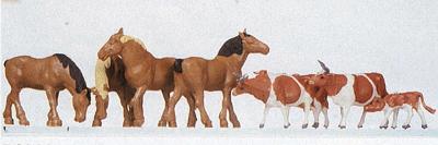 Faller 4 Brown Horses/4 Brown Cows HO Scale Model Railroad Figure #154002