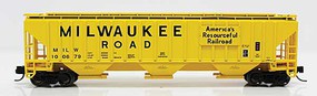 Fox 4750 Cu.Ft. 3-Bay Covered Hopper Ready to Run Milwaukee Road 100845 (yellow, America's Resourceful Railroad Slogan) N-Scale