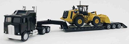 Herpa Kenworth K100 Tractor with Lowboy Trailer and Cat Wheel Loader Load - Assemble Black