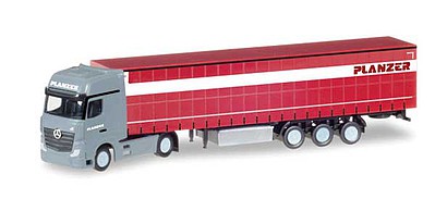 Herpa Mercedes-Benz Actros Tractor w/Container Trailer - Assembled Planzer (gray, red, white, German Lettering) - N-Scale