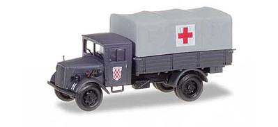 Herpa Opel Blitz Low-Side Truck w/Canvas Cover - Assembled German Army Red Cross (gray, red, white, German Lettering)
