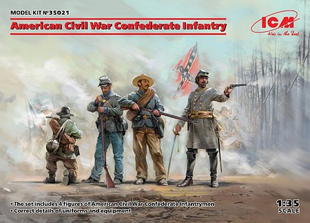 ICM American Civil War Confederate Infantry (4) Plastic Model Figure Kit 1/35 Scale #35021