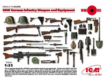ICM WWI German Infantry Weapon & Equipment Plastic Model Military Figure Kit 1/35 Scale #35678
