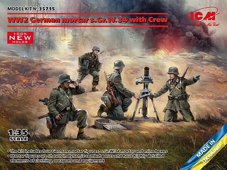ICM WWII German sGrW34 Mortar with 4 Crew Plastic Model Military Figure Kit 1/35 Scale #35715
