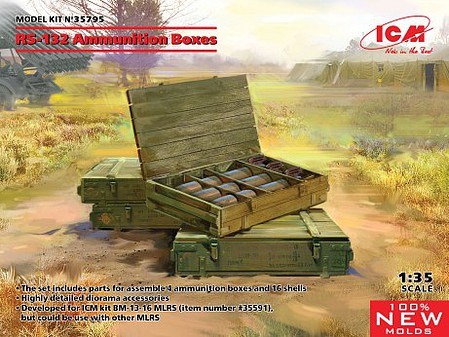 ICM RS132 Ammunition Boxes (4) with Shells (16) Plastic Model Weapon Kit 1/35 Scale #35795