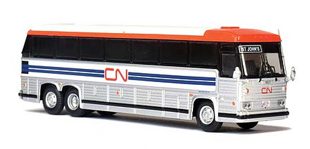 Iconic-Replicas 1984 MCI MC-9 Motorcoach Bus - Assembled Canadian National (silver, white, blue, red)