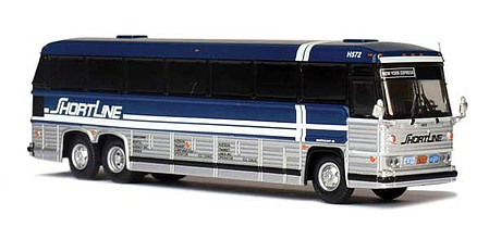 Iconic-Replicas 1985 MCI MC-9 Motorcoach Bus - Assembled Shortline (silver, blue, white)