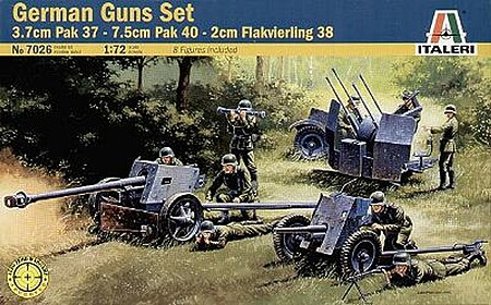 Italeri German Gun Set Pak 37, Pak 40, Flak 38 Plastic Model Military Diorama Kit 1/72 Scale #07026