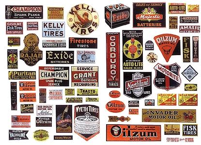 JL 1940s to 1950s Oil & Tire Signs For Gas Stations Model Railroad Billboard HO Scale #373