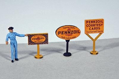 JL Vintage Pennzoil Gas Station Curb Signs (3) Model Railroad Billboard HO Scale #473