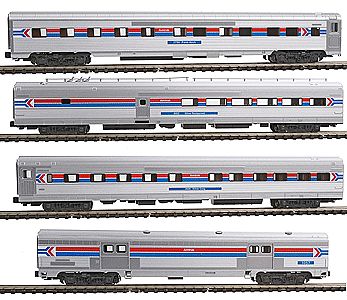 Kato Amtrak (Phase I) 4-Car Set - Ready to Run Former-ElCap Baggage, Super Chief 10-6 Sleeper, Cal Zephyr Diner & 10-6 Slee - N-Scale