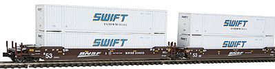 Kato Gunderson MAXI-IV 3-Unit Well Car w/53 Containers - Ready to Run BNSF Railway #254053 (Boxcar Red, Wedge Logo, Swift Containers) - N-Scale