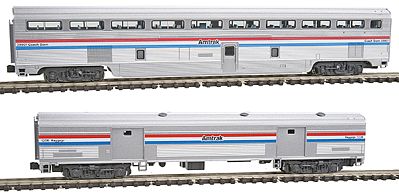 Kato Hi-Level Step-Down Coach/73 Baggage Set Amtrak (Phase III Scheme, silver, red, white, blue) - N-Scale