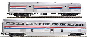 Kato Hi-Level Step-Down Coach/73' Baggage Set Ready to Run Amtrak #39919, 1241 (Phase III, silver, Equal red, white, blue Stripes) N-Scale Kato Hi-Level Step-Down Coach/73' Baggage Set Ready to Run Amtrak #39919, 1241 (Phase III, silver, Equal red, white, blue Stripes) N-Scale