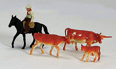 Labelle Cowboy on Horse with 3 Cows HO Scale Model Railroad Figure #7007