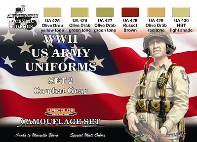 Lifecolor US Army WWII Combat Gear Uniforms #2 Camouflage Acrylic (6 22ml Bottles)