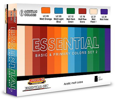 Lifecolor Essential Basic & Primary Colors #2 (6 22ml Bottles) Hobby and Model Acrylic Paint Set #es2