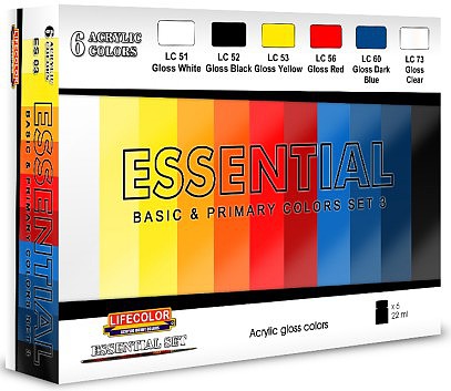 Lifecolor Essential Basic & Primary Colors #3 (6 22ml Bottles) Hobby and Model Acrylic Paint Set #es3