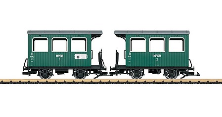 LGB Wood Double Coach - Ready to Run Mecklenburg-Pommersche Schmalspurbahn MPSB 1, 2 (Era VI, green, red) - G-Scale